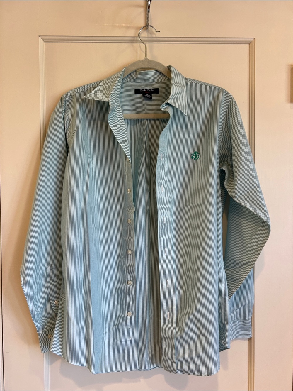 Brooks Brothers Light Blue Pinstripe Men's Dress Shirt with Green Logo